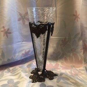 Crackled Glass Trumpet Flower Vase With Brass Grape Holder Vintage 11.25”x4”